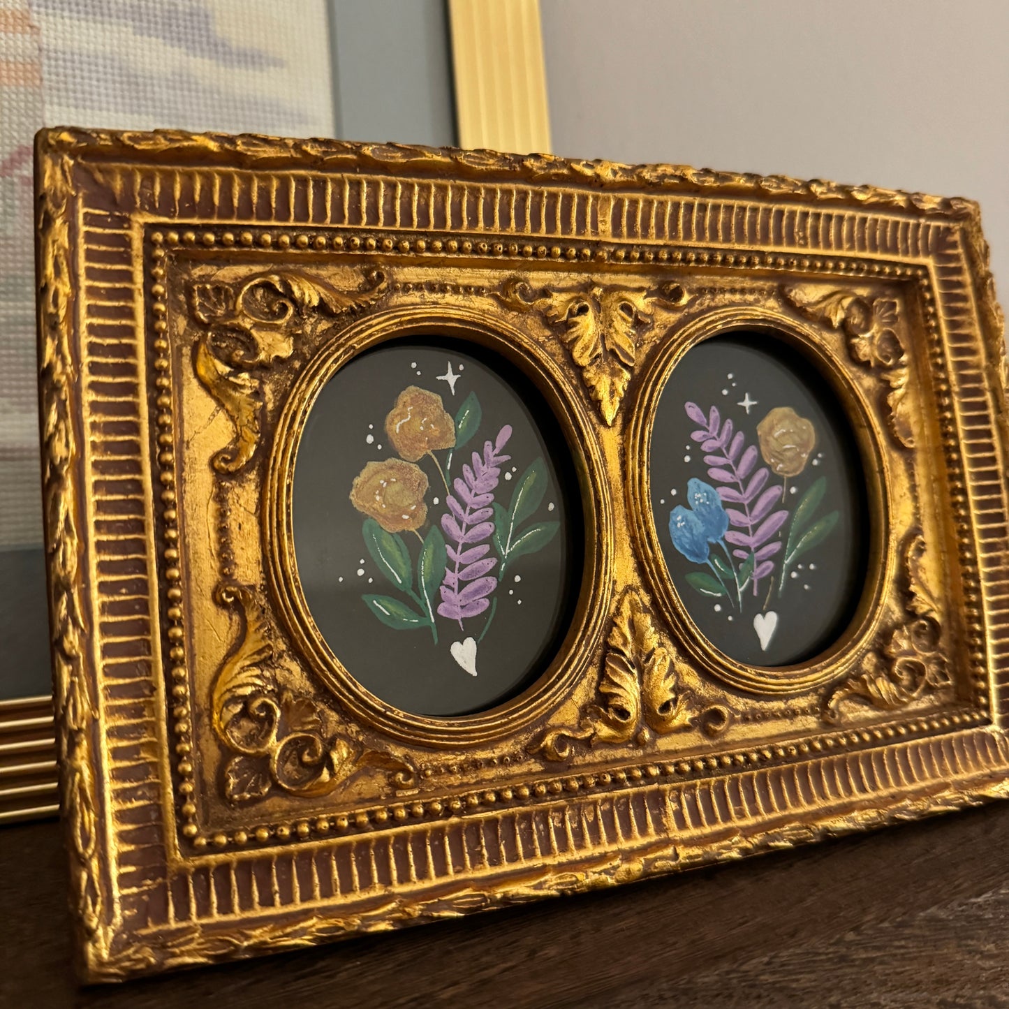Ornate Gold Double Frame Floral Art