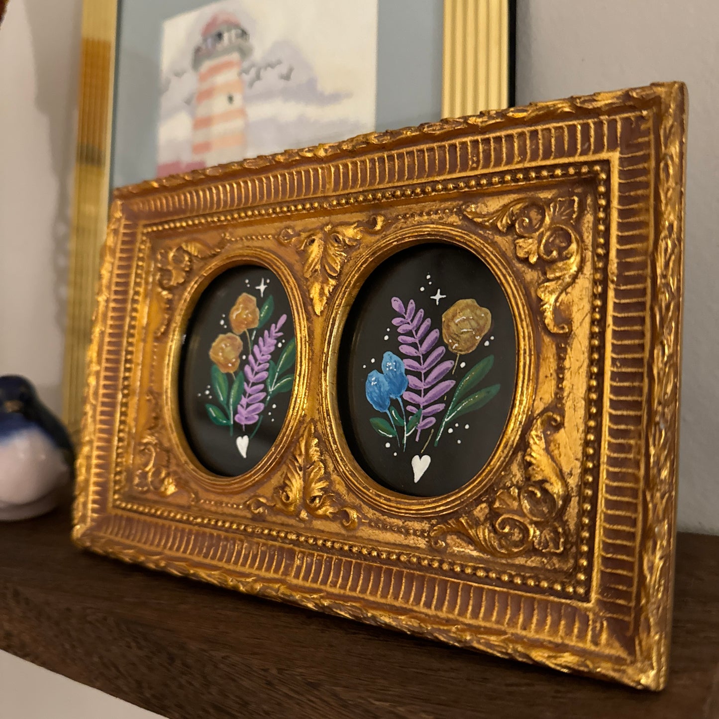 Ornate Gold Double Frame Floral Art