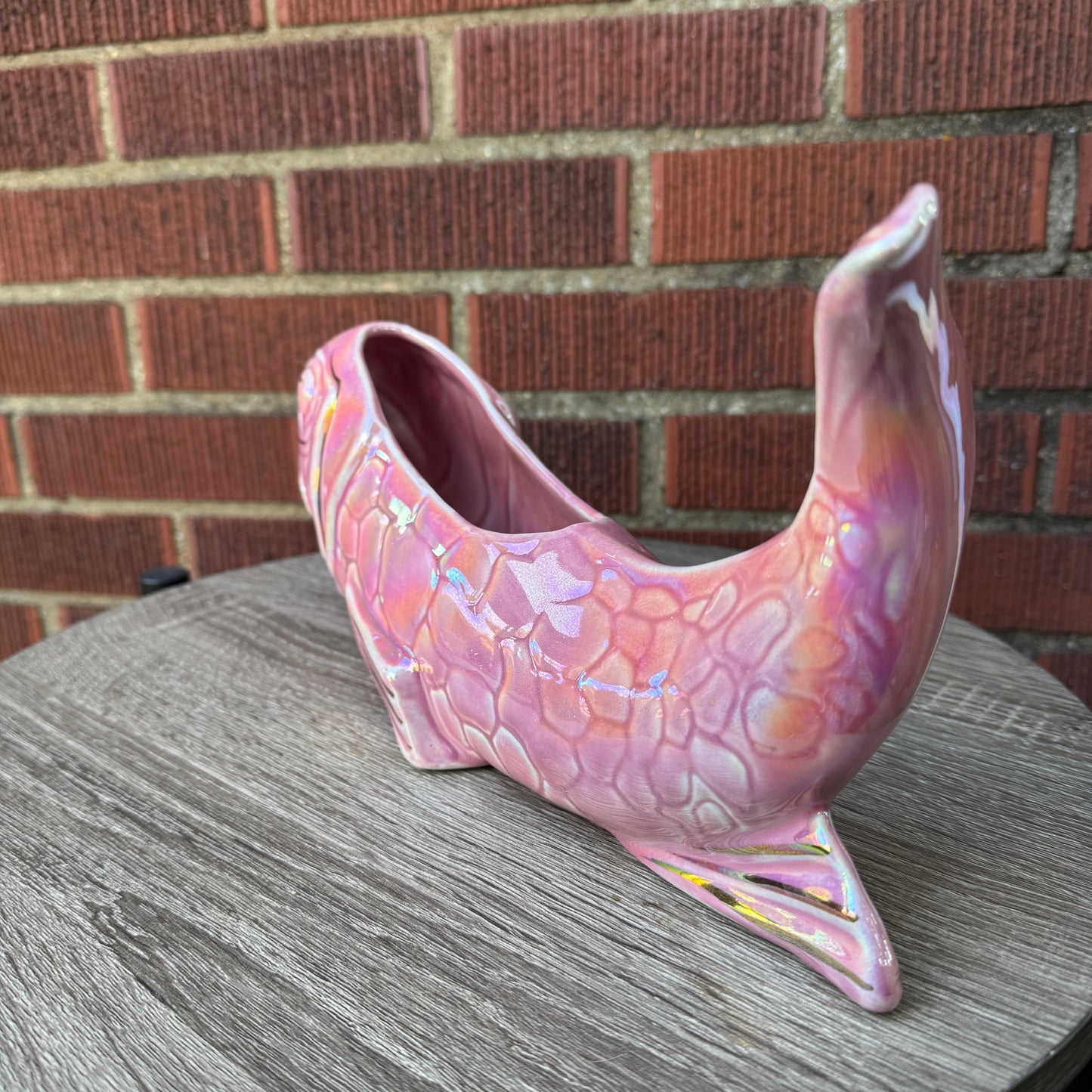 Vintage Ceramic Iridescent Pink & Gold Koi Fish Planter