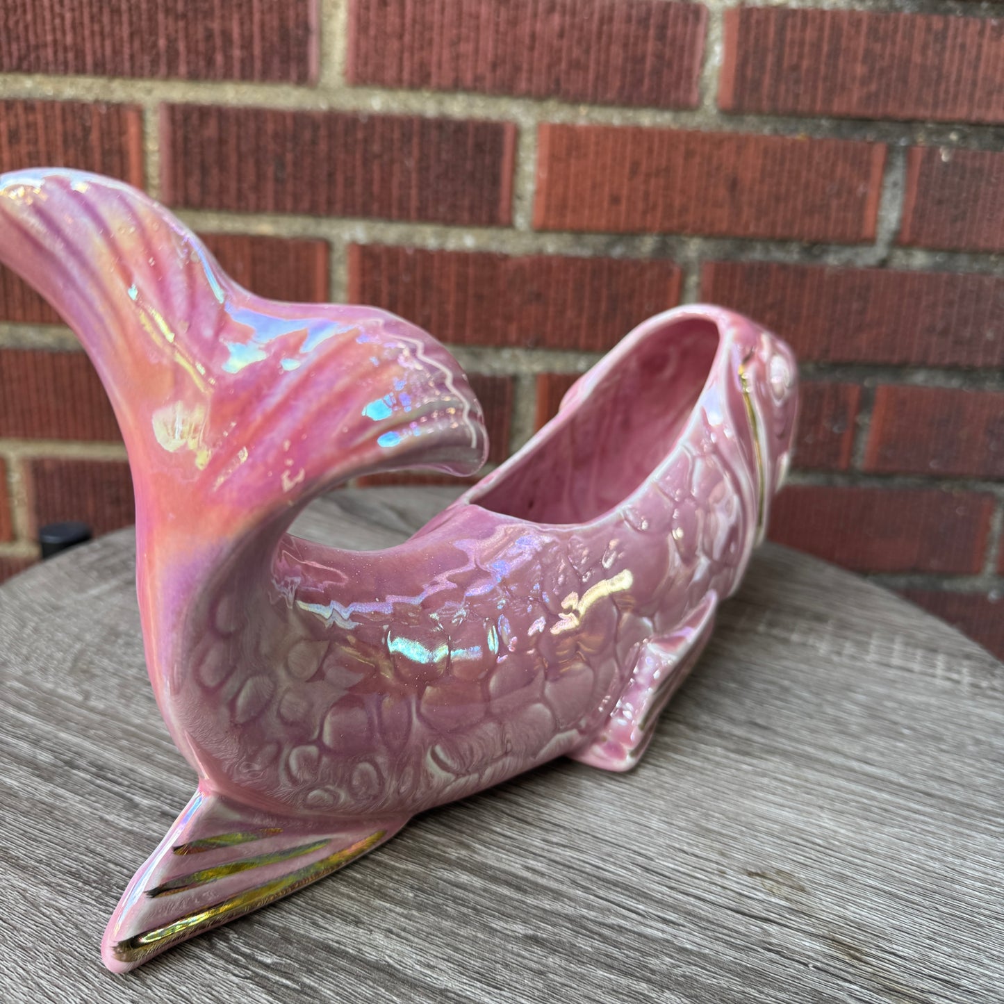 Vintage Ceramic Iridescent Pink & Gold Koi Fish Planter