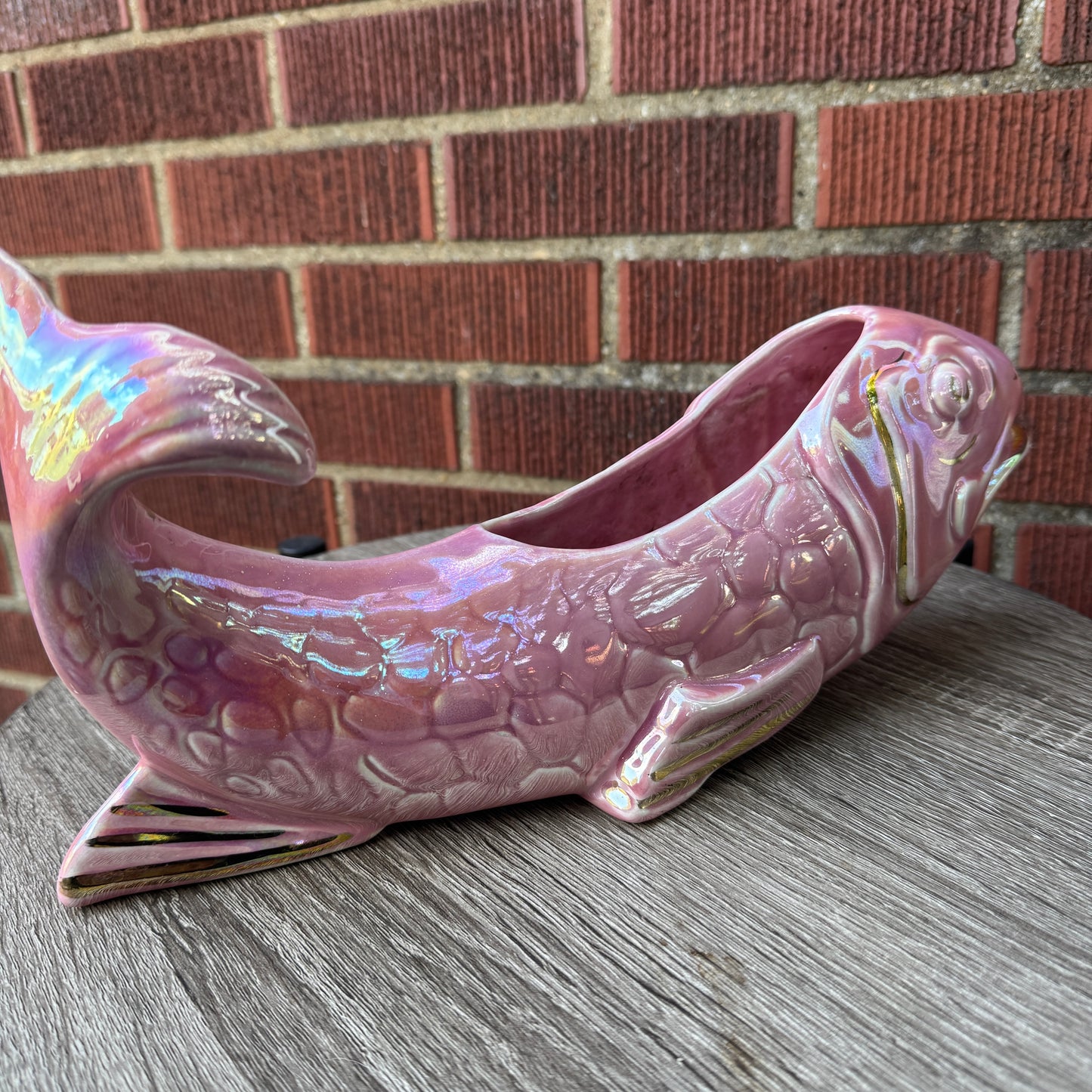 Vintage Ceramic Iridescent Pink & Gold Koi Fish Planter