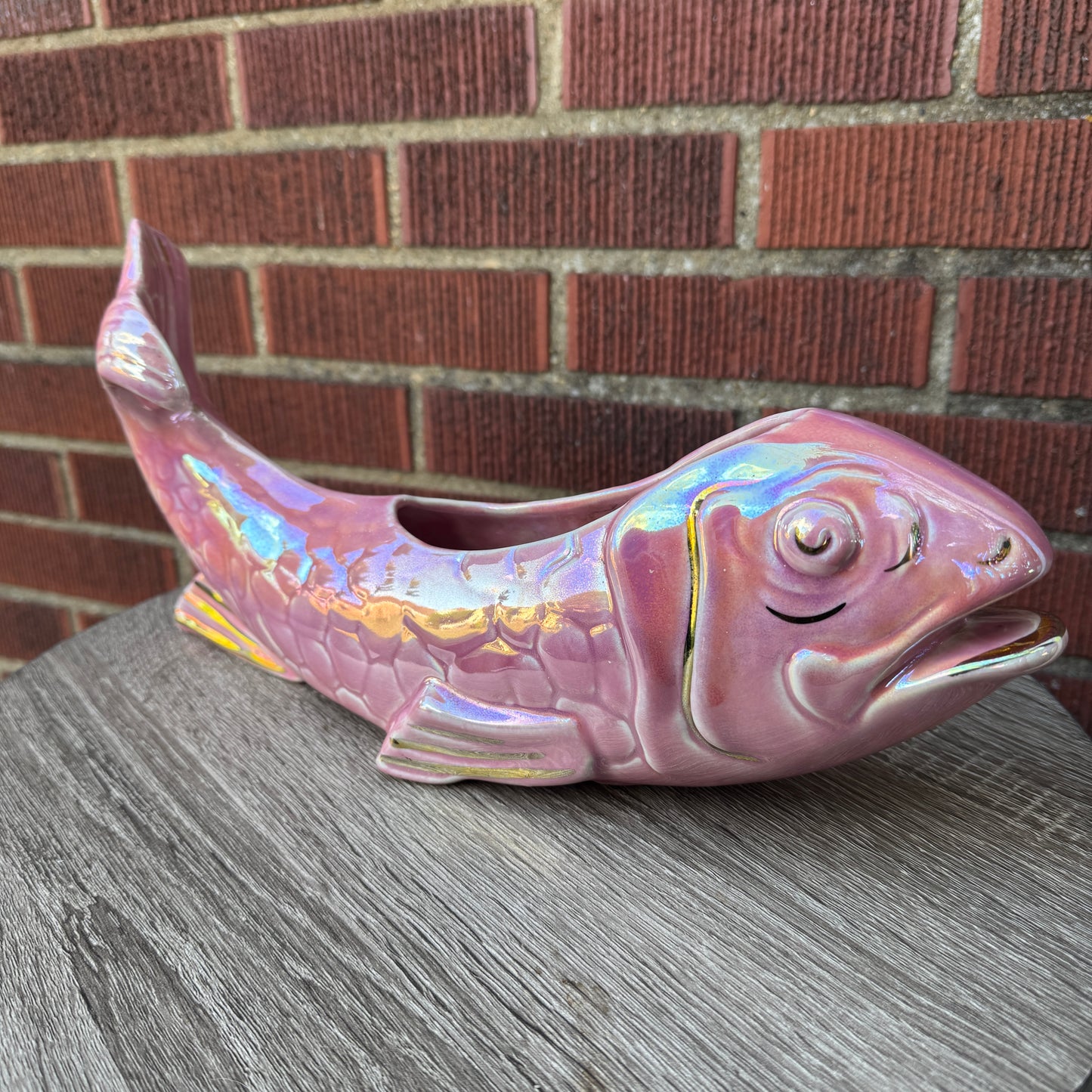 Vintage Ceramic Iridescent Pink & Gold Koi Fish Planter