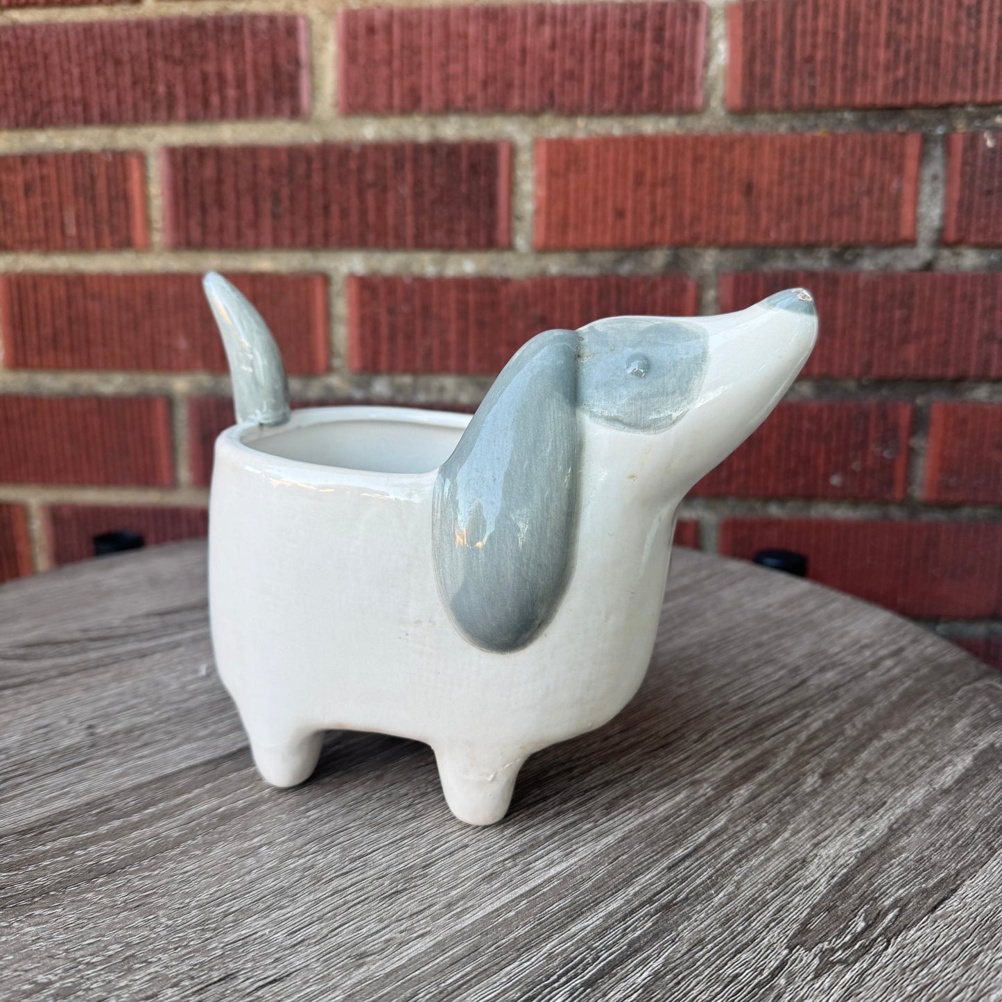 White & Gray Ceramic Dog Planter