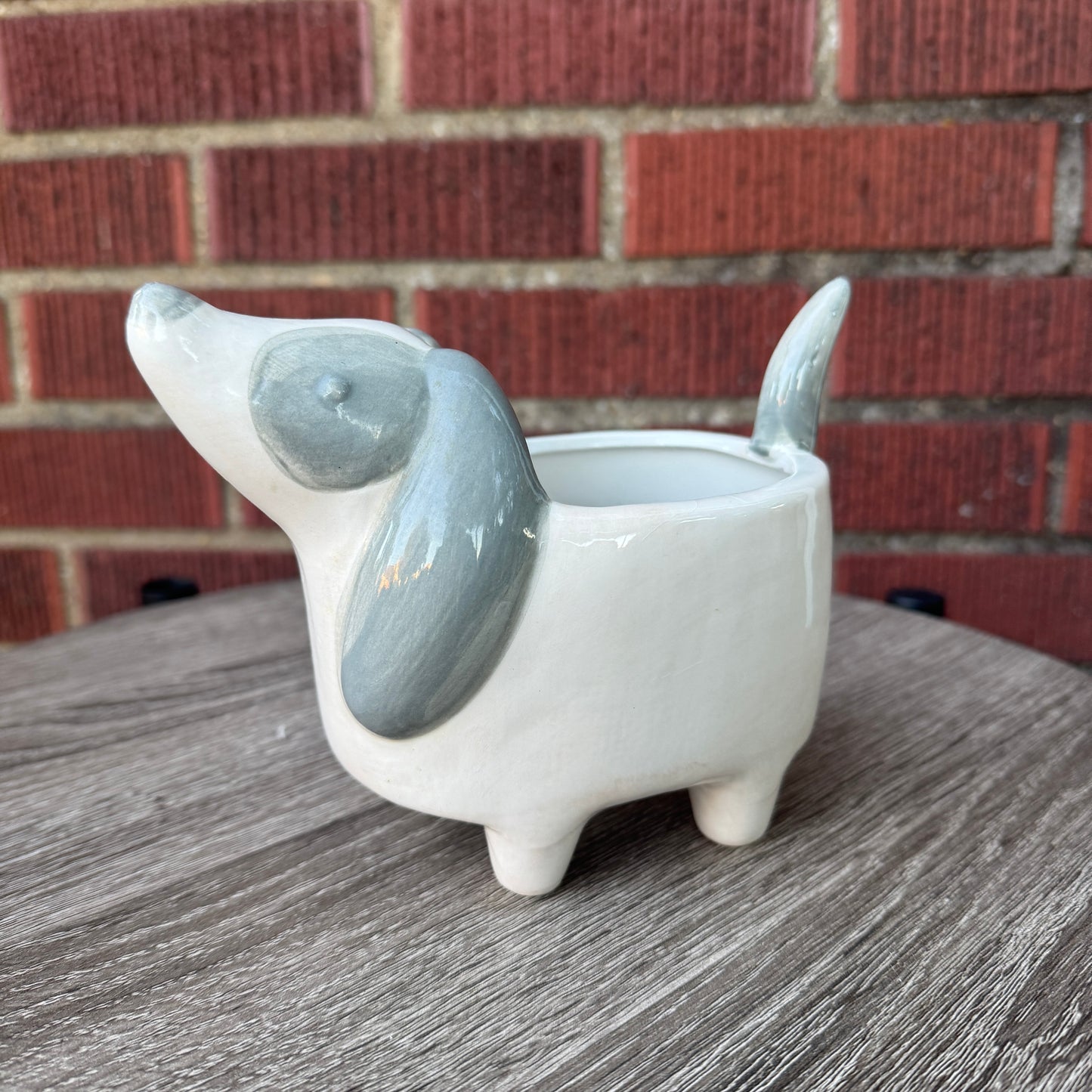 White & Gray Ceramic Dog Planter