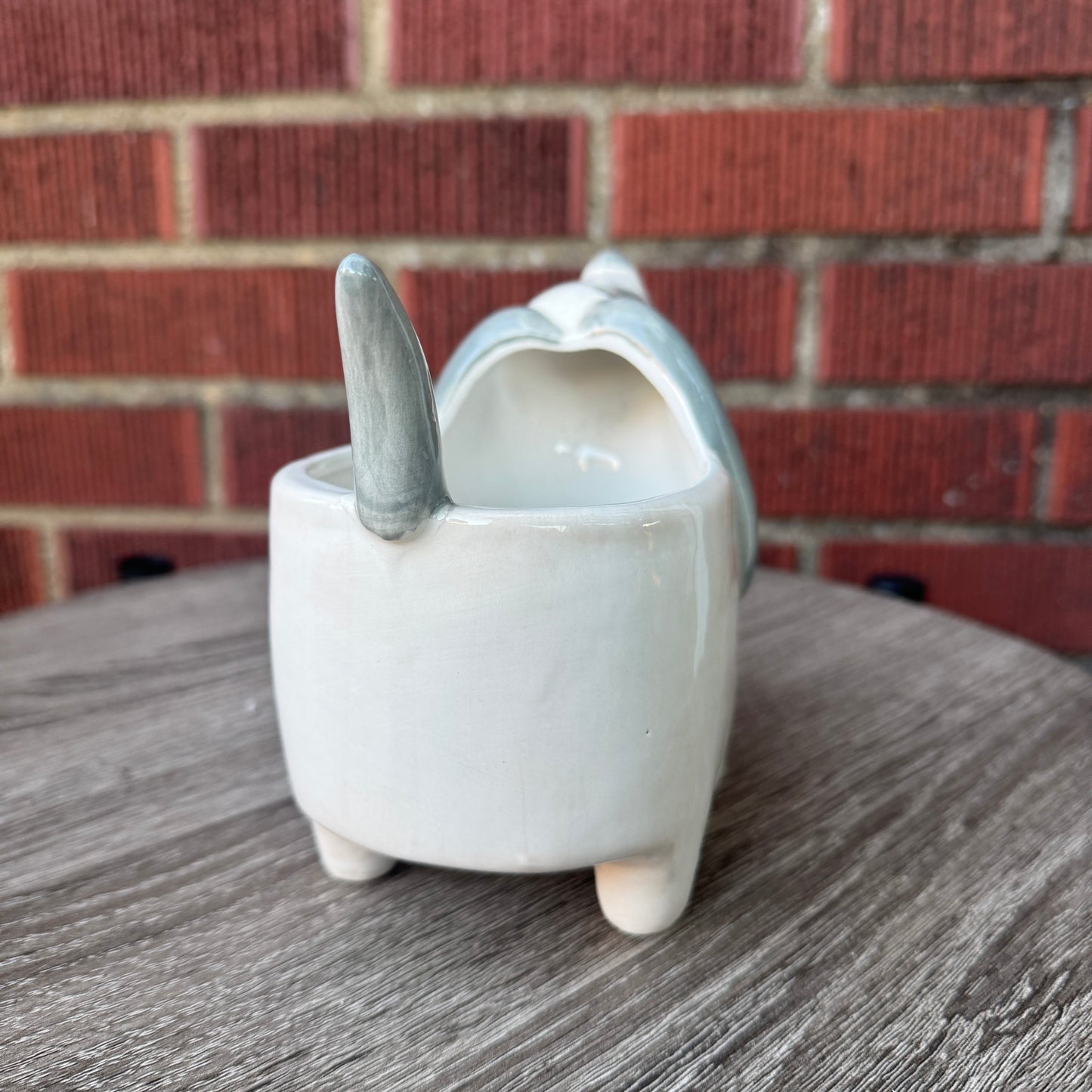 White & Gray Ceramic Dog Planter