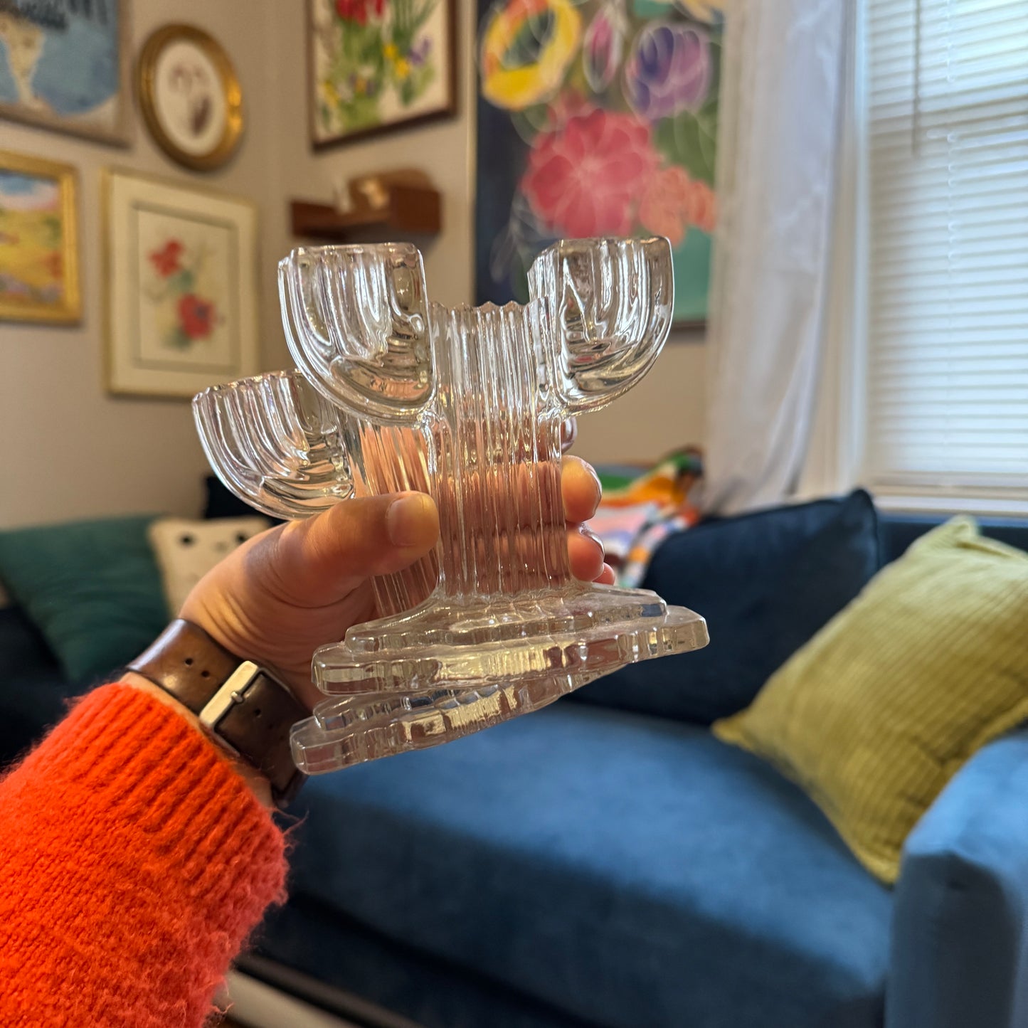 Clear Glass Cactus Candlestick Holders