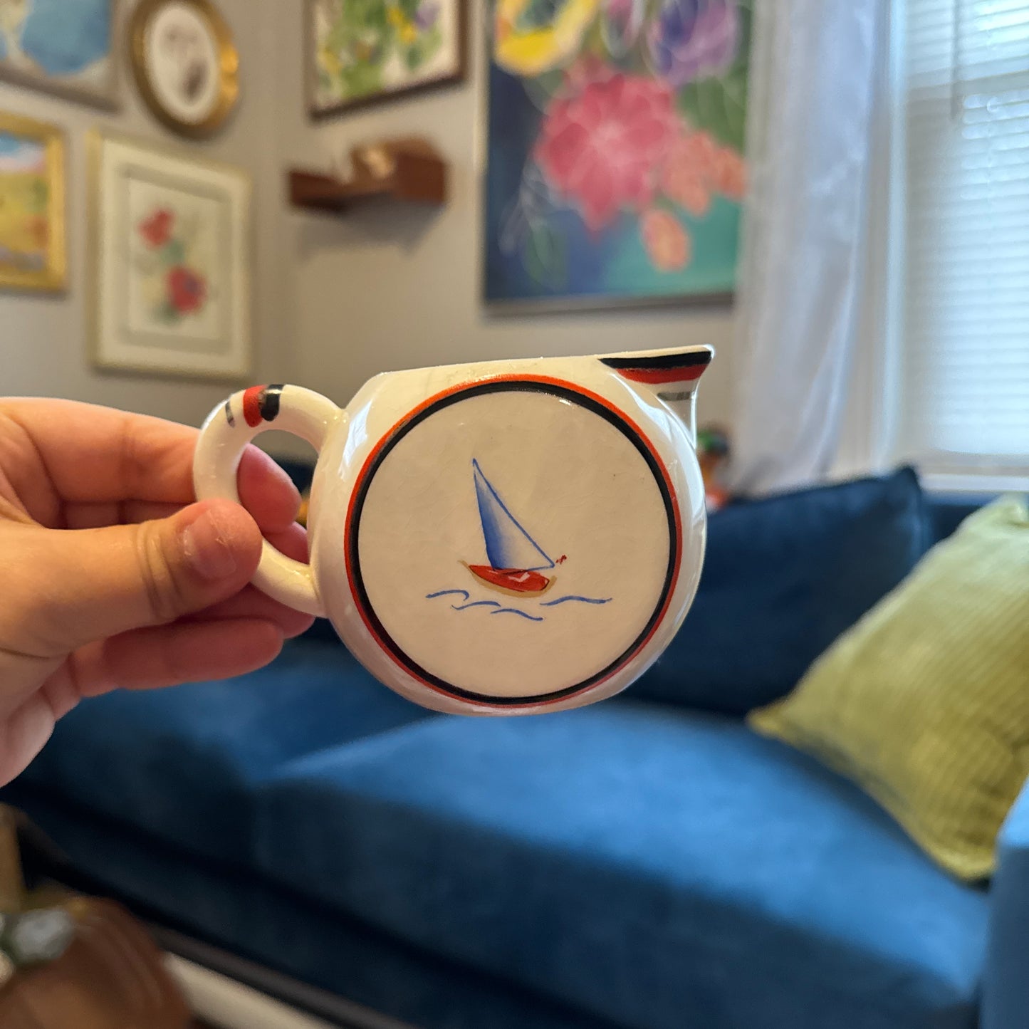 Vintage Sailboat Sugar, Creamer & Plate Set