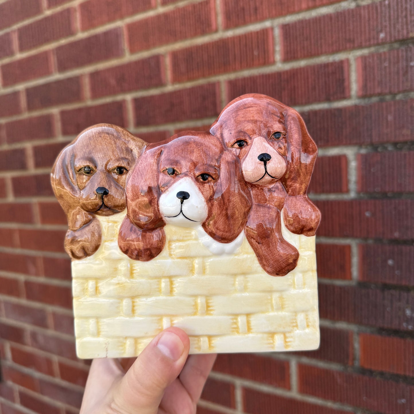Vintage Napco Three Puppies in a Basket Planter