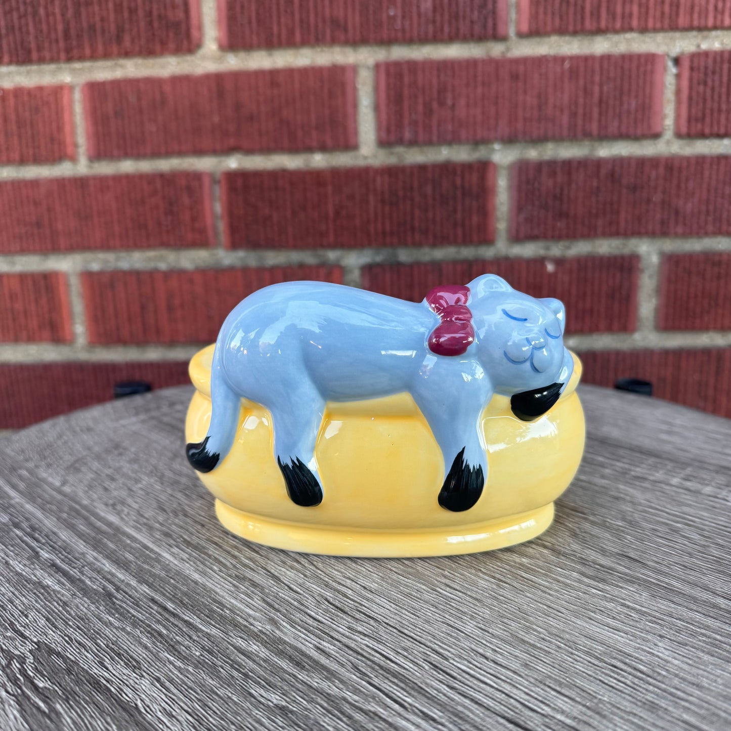 Vintage Sleeping Gray Cat Yellow Planter
