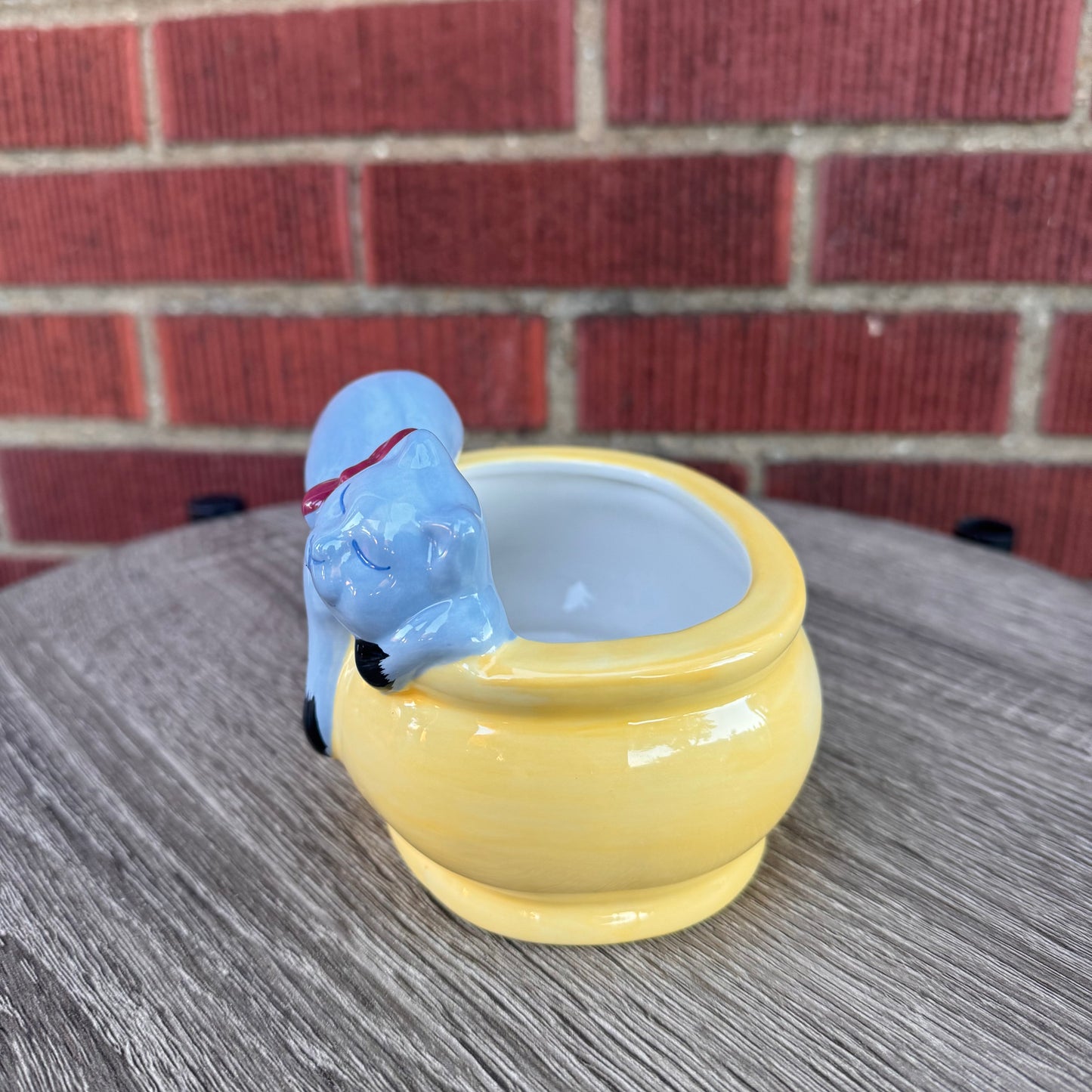Vintage Sleeping Gray Cat Yellow Planter
