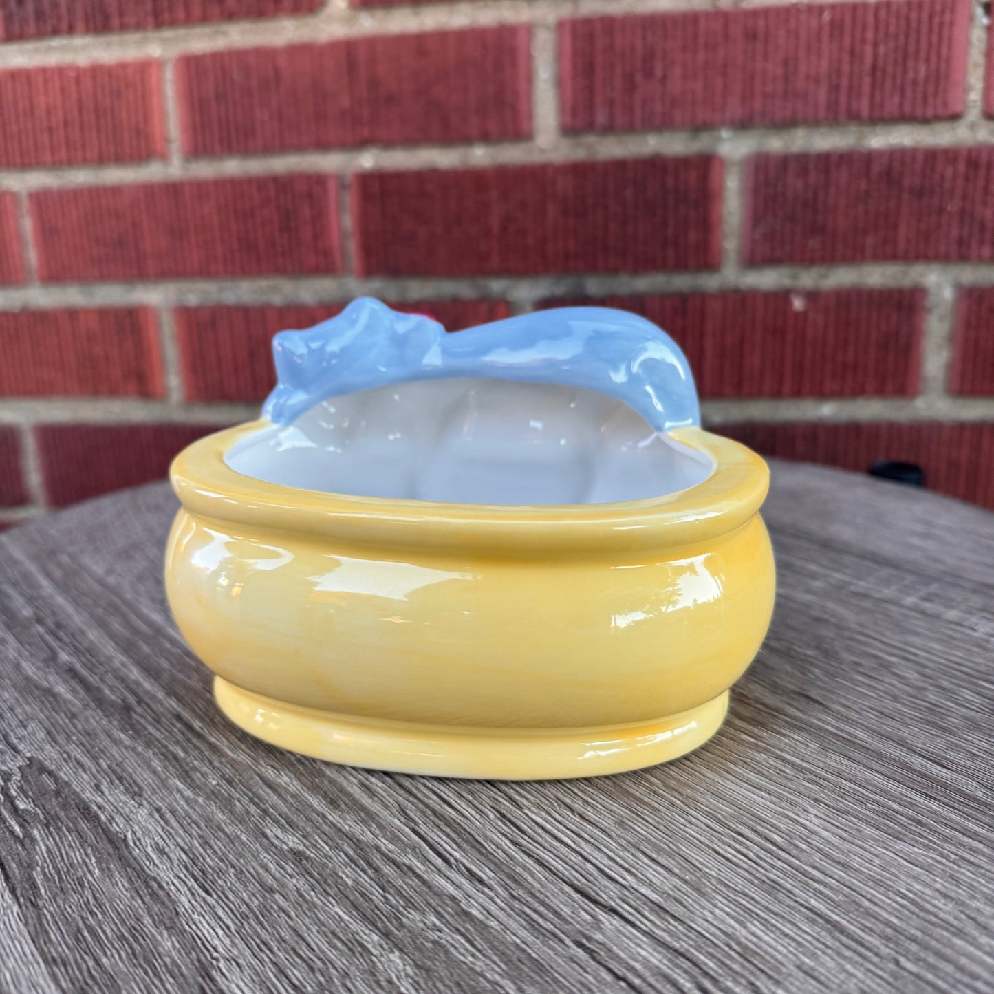Vintage Sleeping Gray Cat Yellow Planter