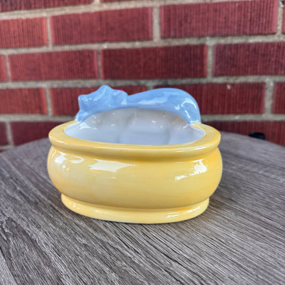 Vintage Sleeping Gray Cat Yellow Planter