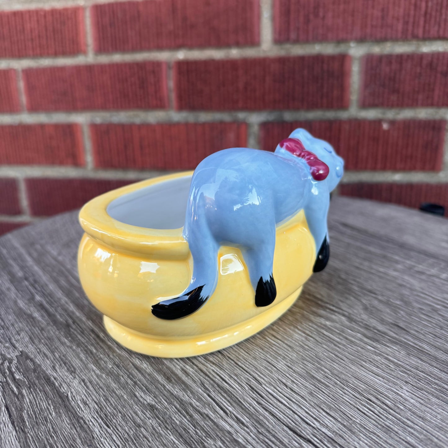 Vintage Sleeping Gray Cat Yellow Planter