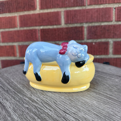 Vintage Sleeping Gray Cat Yellow Planter
