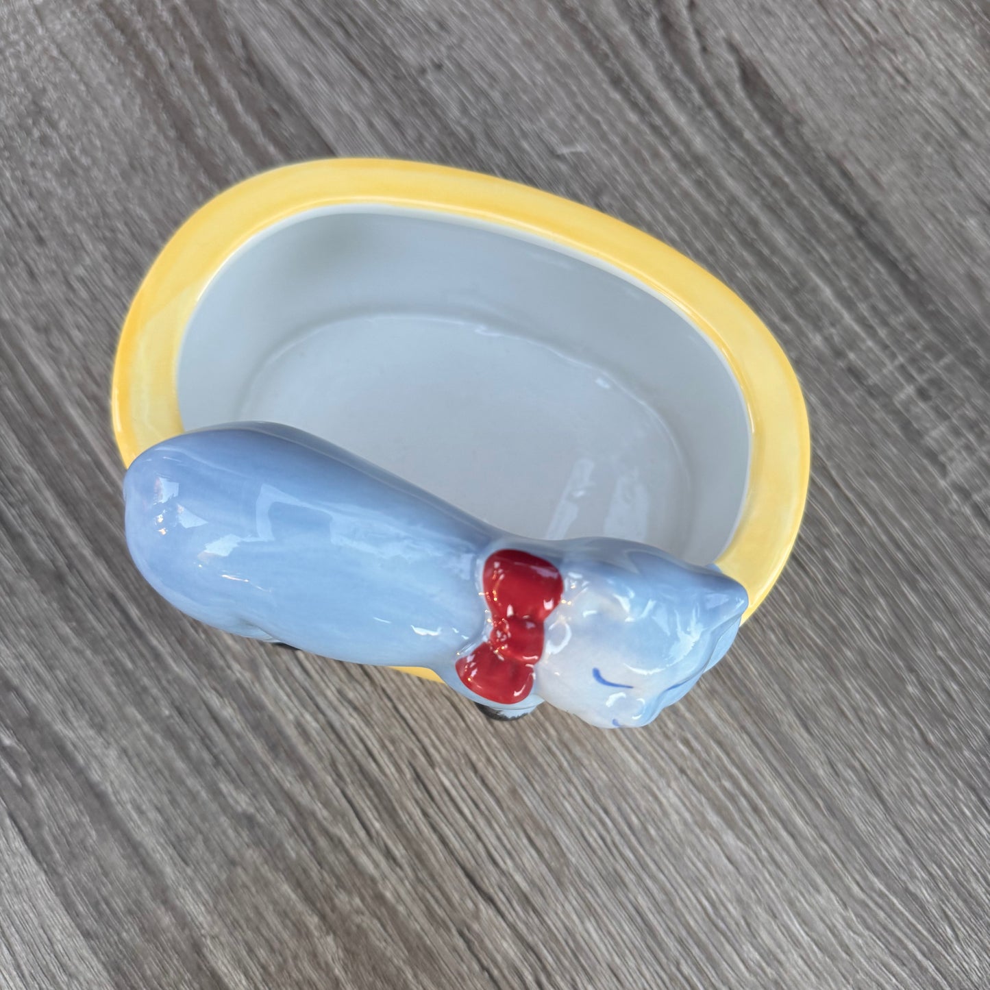 Vintage Sleeping Gray Cat Yellow Planter