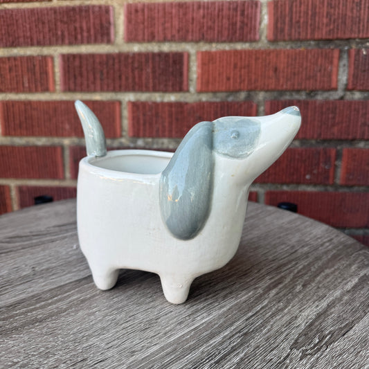 White & Gray Ceramic Dog Planter