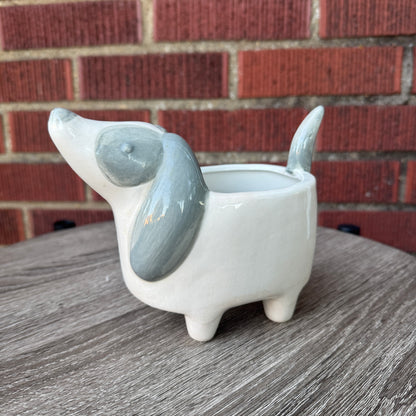 White & Gray Ceramic Dog Planter