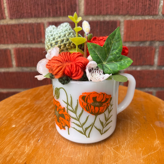 Vintage Federal Milk Glass Poppies Mug Bouquet