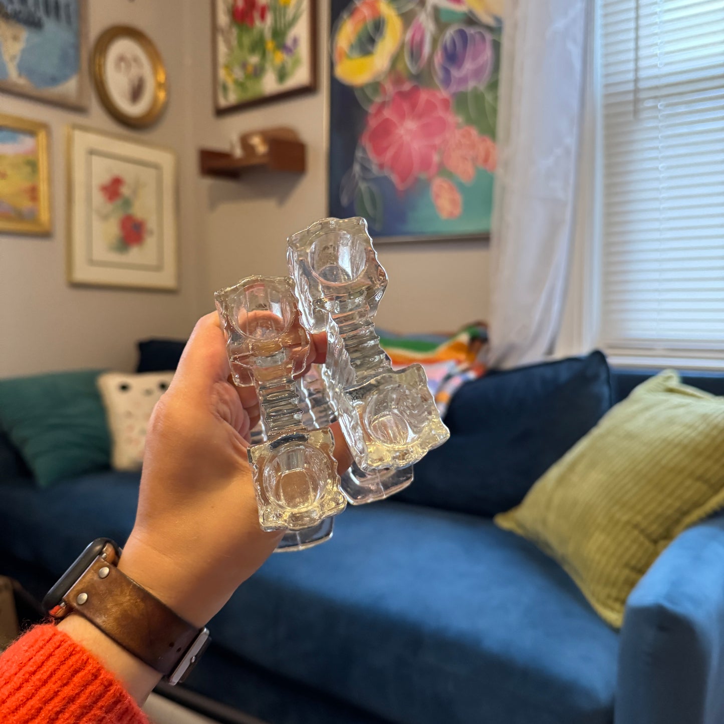 Clear Glass Cactus Candlestick Holders