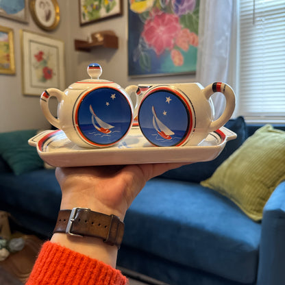 Vintage Sailboat Sugar, Creamer & Plate Set