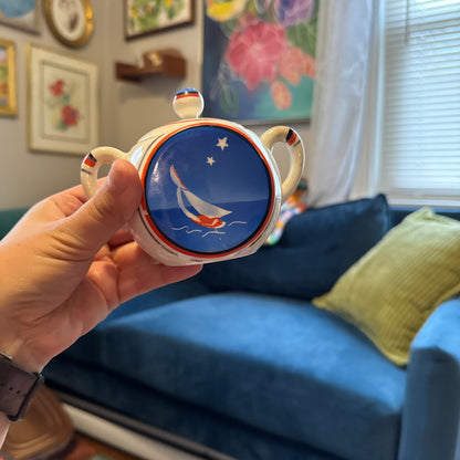 Vintage Sailboat Sugar, Creamer & Plate Set