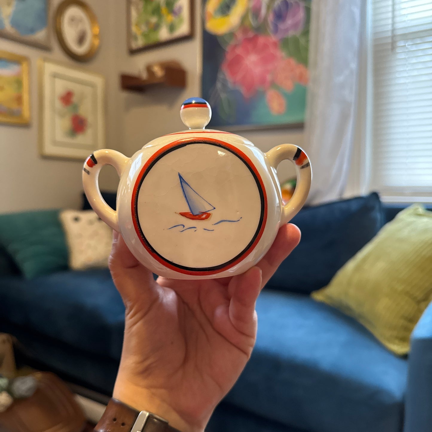 Vintage Sailboat Sugar, Creamer & Plate Set