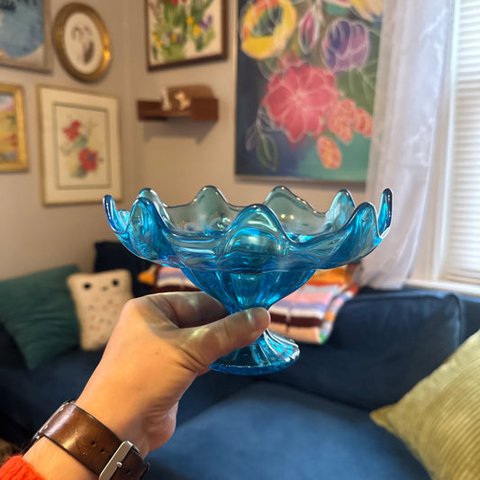 Vintage Blue Glass Pedestal Bowl