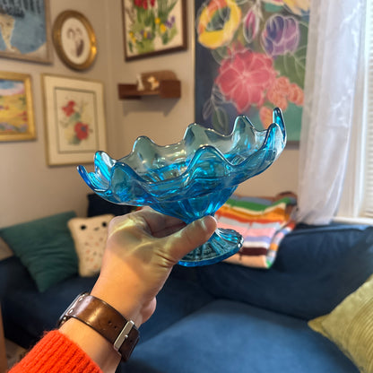 Vintage Blue Glass Pedestal Bowl
