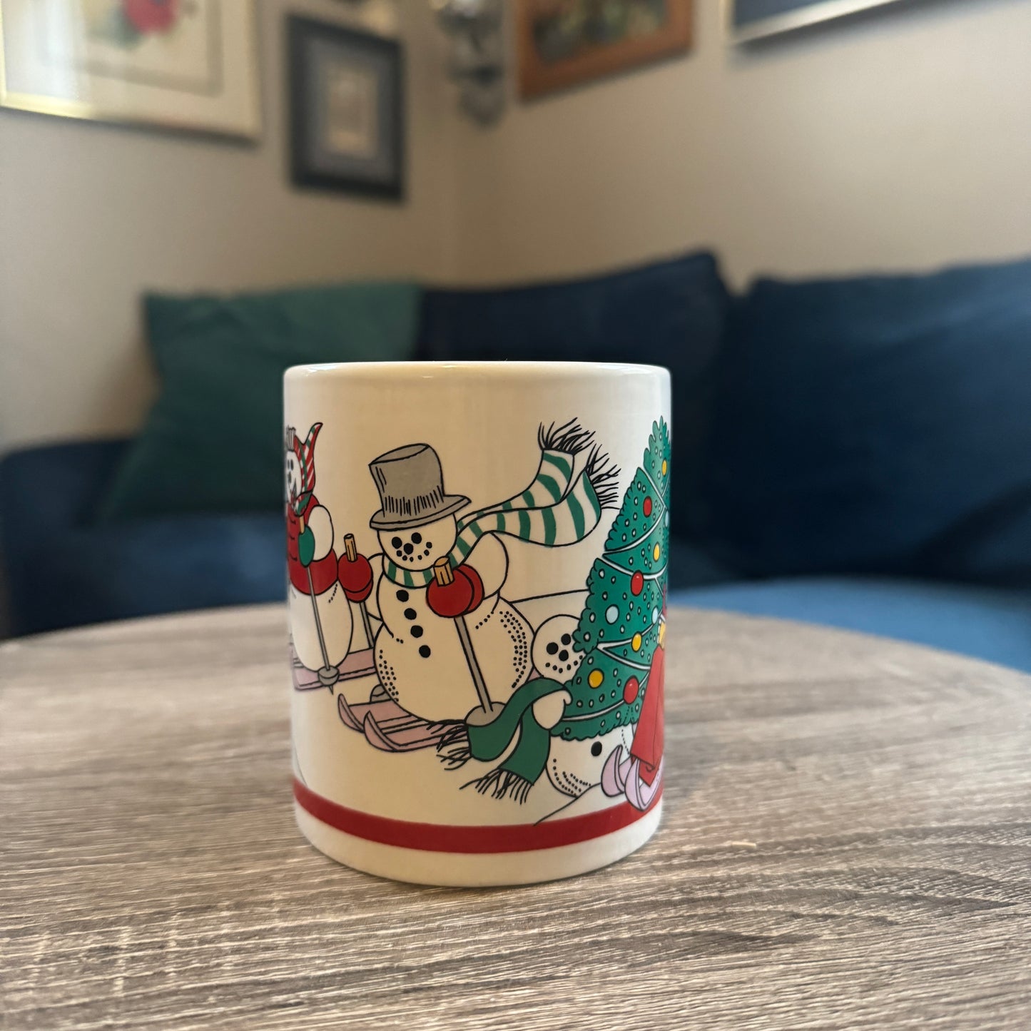 Skiing Snowmen Mug w/ Snowman Handle (Red Toboggan)