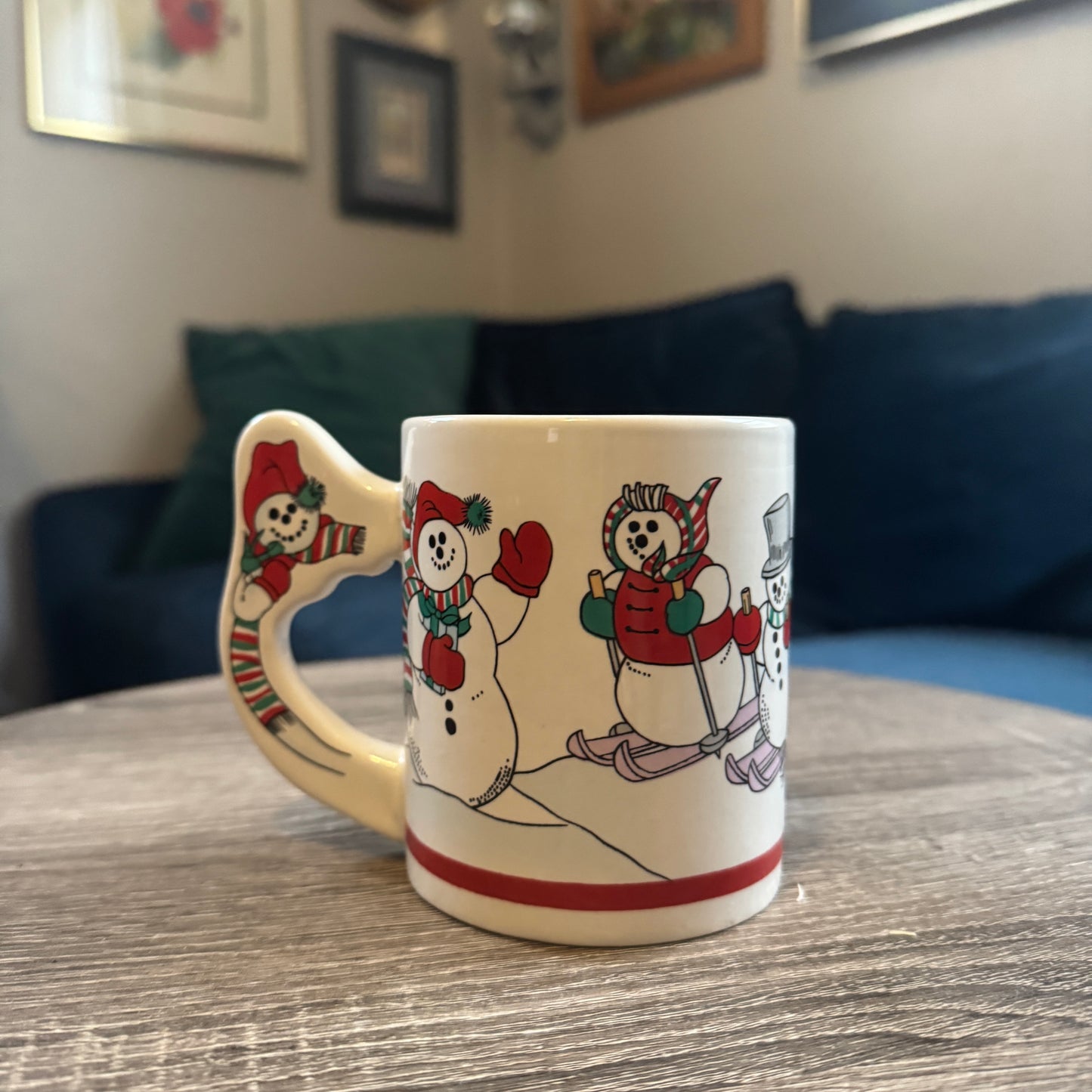 Skiing Snowmen Mug w/ Snowman Handle (Red Toboggan)