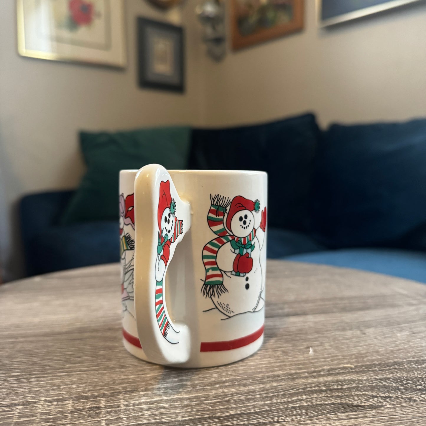 Skiing Snowmen Mug w/ Snowman Handle (Red Toboggan)