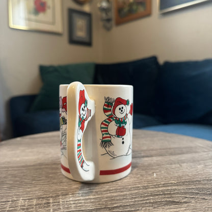 Skiing Snowmen Mug w/ Snowman Handle (Red Toboggan)