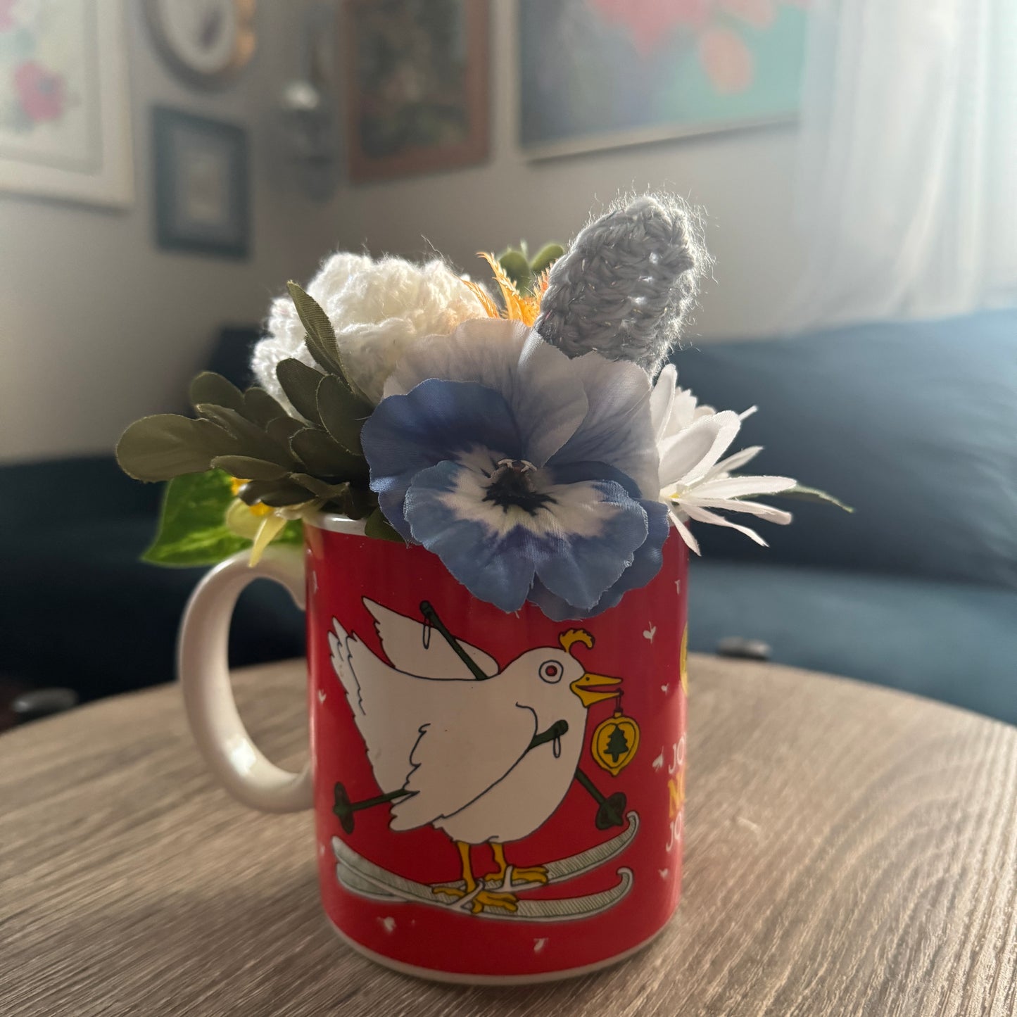 Vintage Dove on Skis Holiday Mug Bouquet
