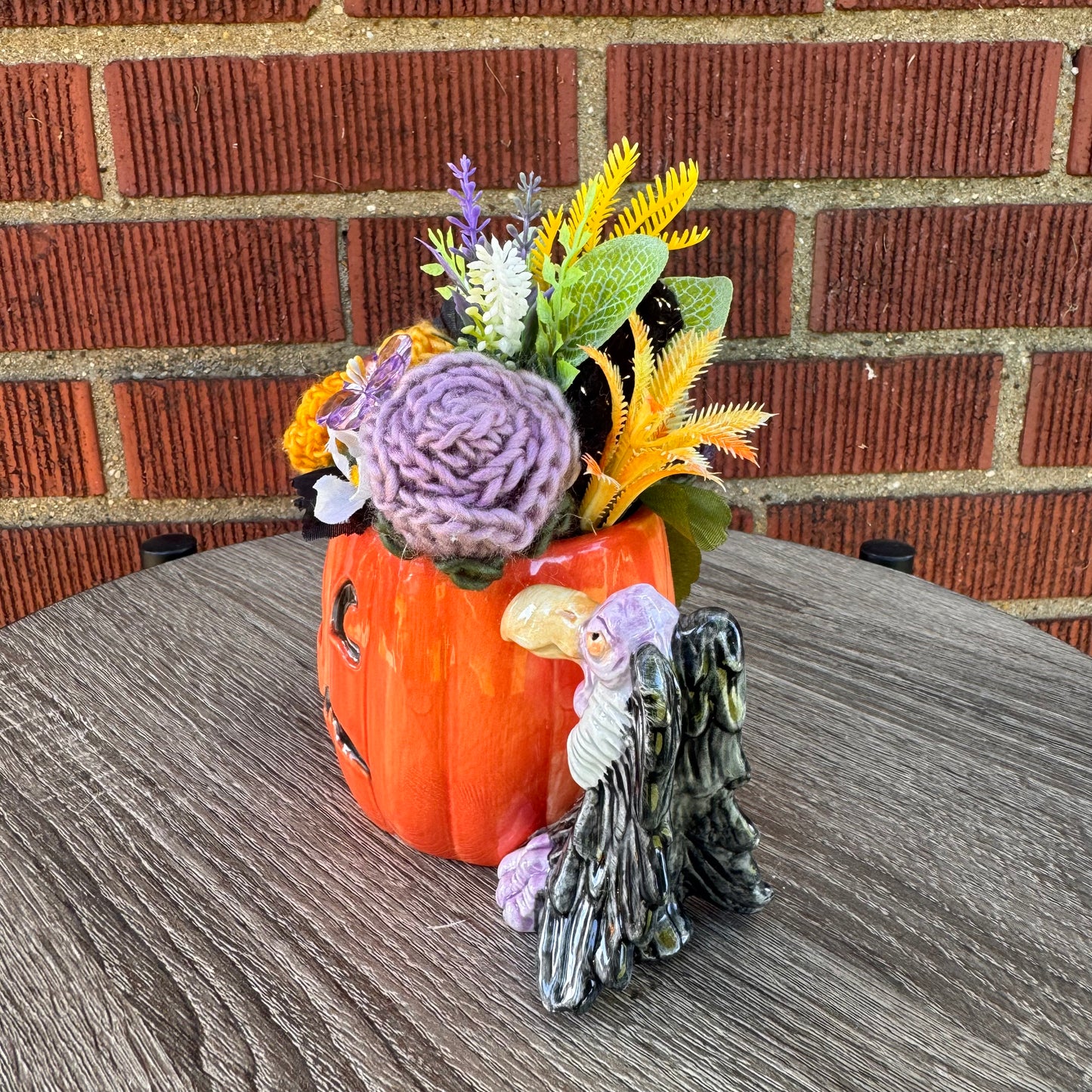 Vintage Ceramic Jack O' Lantern Mug w/ Vulture Handle Bouquet