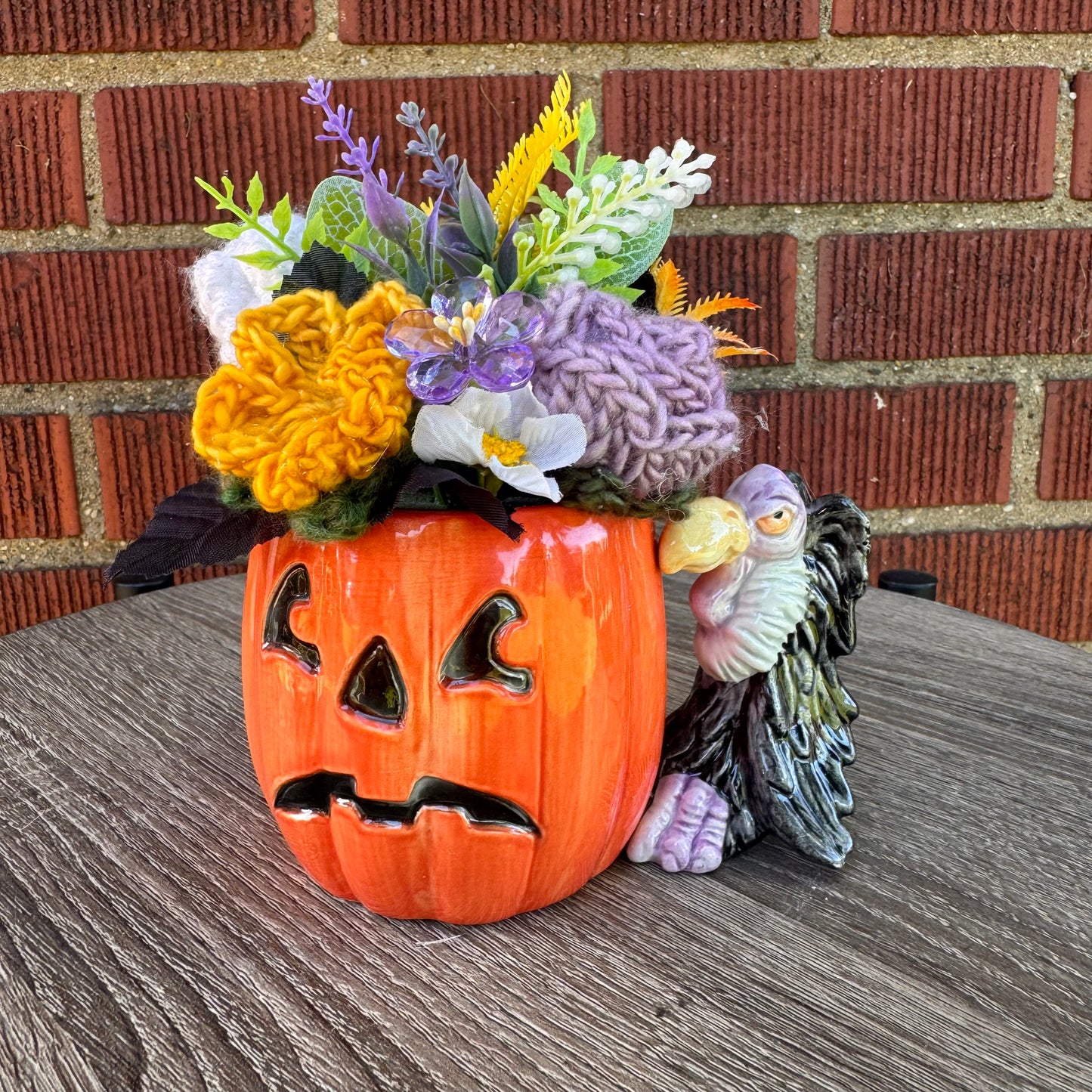 Vintage Ceramic Jack O' Lantern Mug w/ Vulture Handle Bouquet