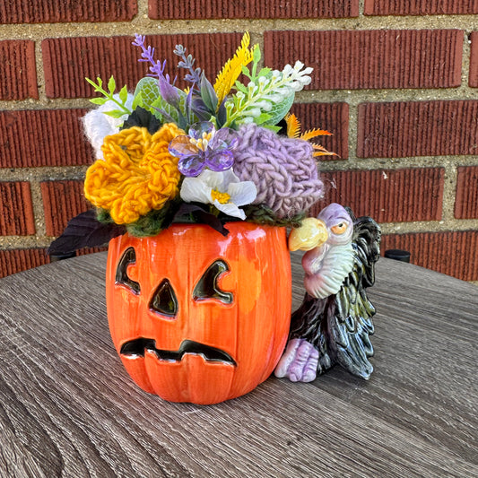 Vintage Ceramic Jack O' Lantern Mug w/ Vulture Handle Bouquet