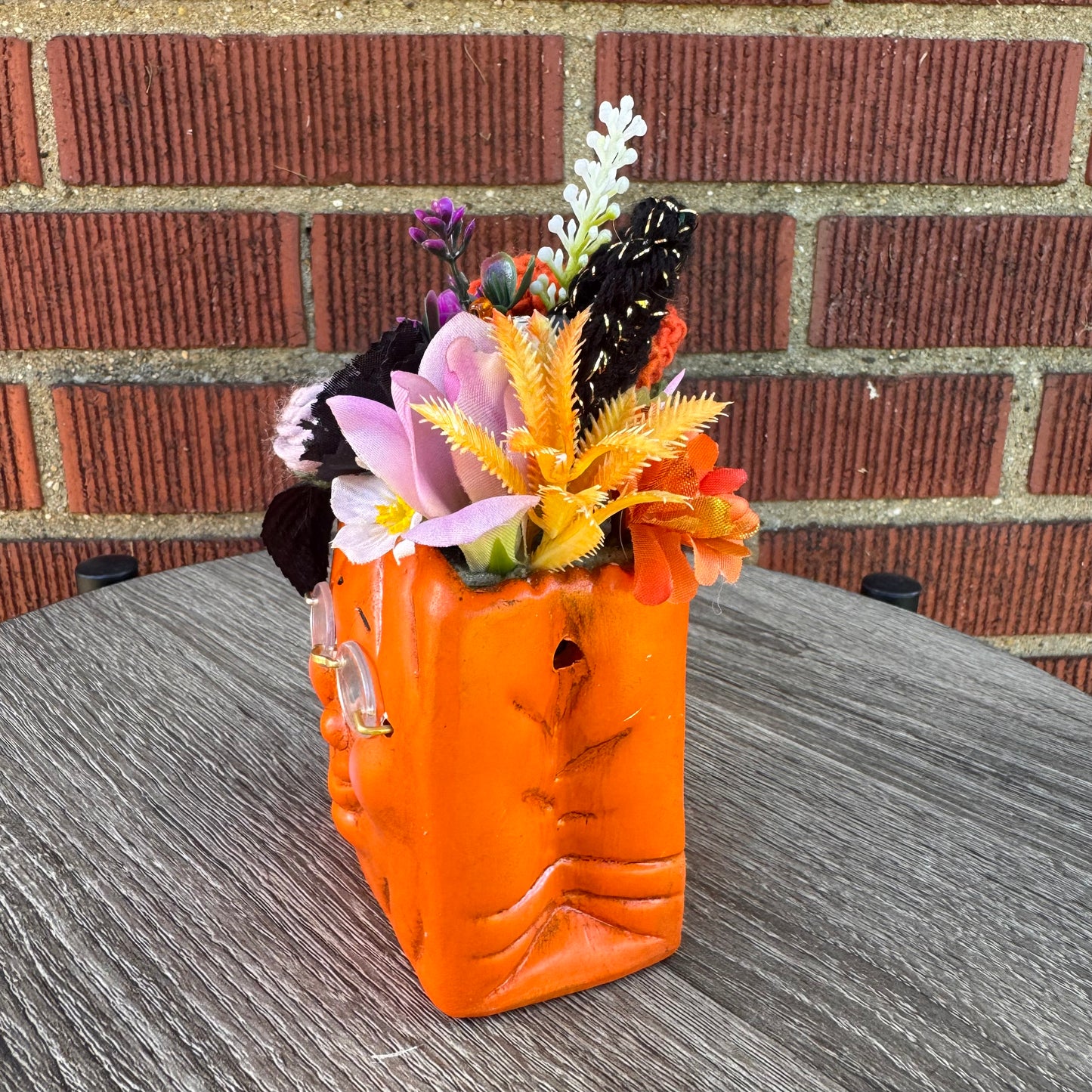 Vintage Ceramic Anthropomorphic Pumpkin Face Bag Bouquet