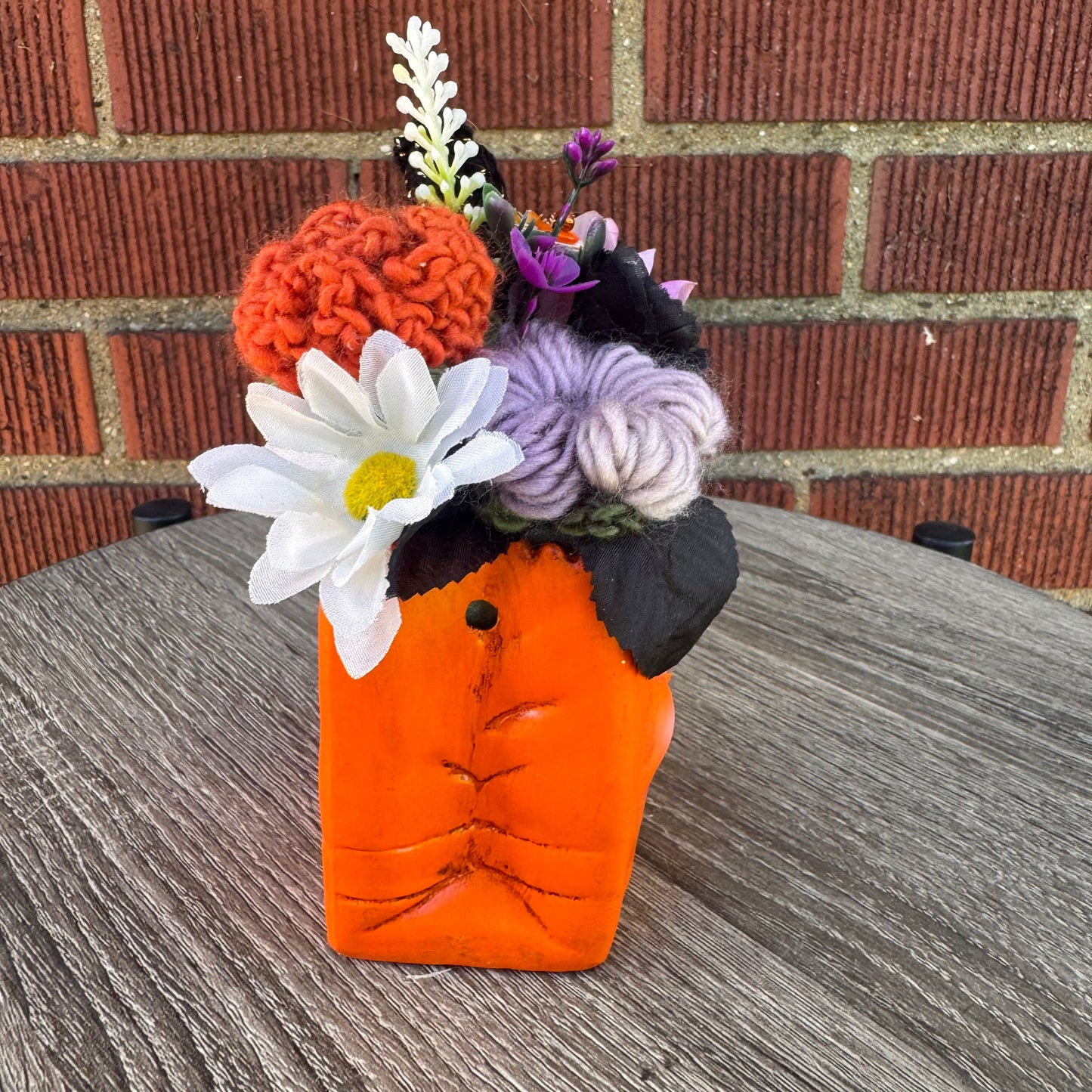 Vintage Ceramic Anthropomorphic Pumpkin Face Bag Bouquet