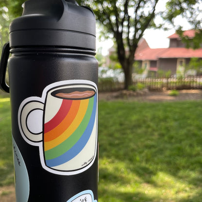 coffee cup rainbow vinyl sticker on waterbottle